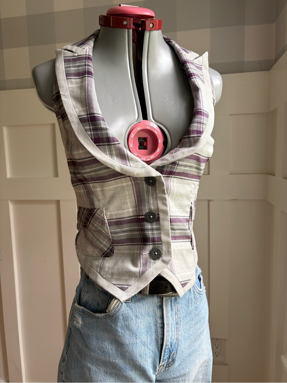 Plaid Sleeveless Tailored Vest - Purple and Gray XL